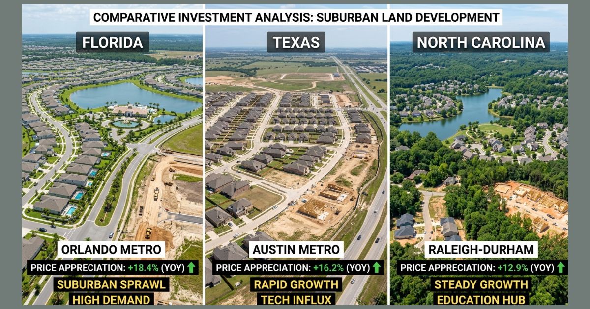 Comparativo visual entre bairros suburbanos na Flórida (Orlando), Texas (Austin) e Carolina do Norte (Raleigh-Durham), ilustrando o crescimento imobiliário e a valorização de terrenos em cada região