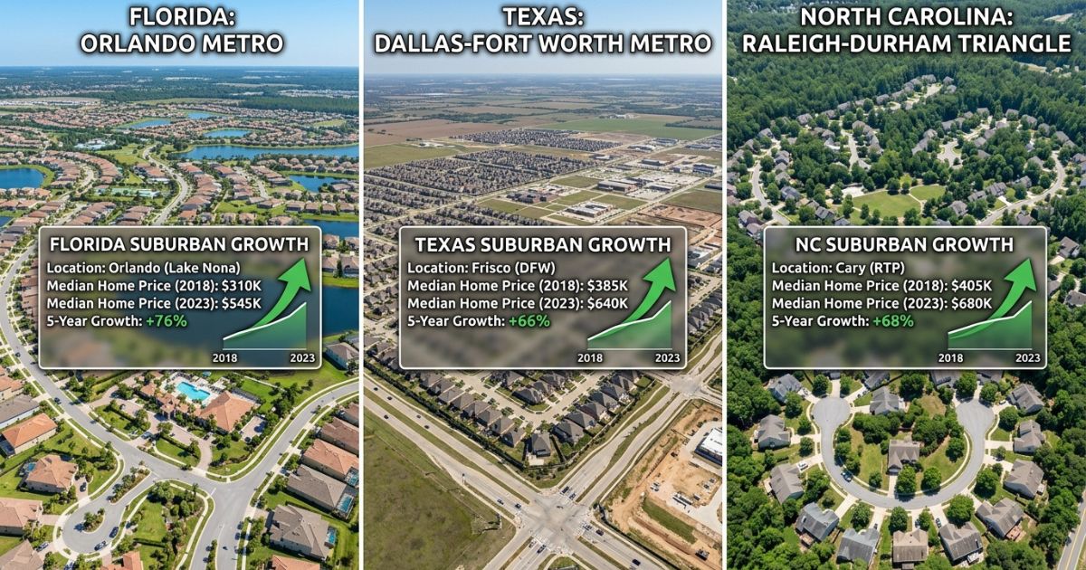 Side-by-side aerial comparison of suburban land growth in Florida (Orlando/Lake Nona), Texas (Dallas-Fort Worth/Frisco), and North Carolina (Raleigh-Durham/Cary), showing five-year home value trends in each region