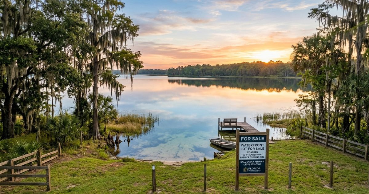Lakefront vacant land parcel in Florida with native vegetation along calm water at dusk, representing a premium waterfront land investment in a high-growth Florida county