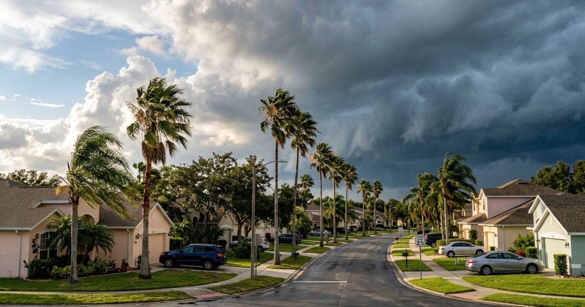 Storm clouds gathering over a Florida residential neighborhood, with palm trees bending in the wind during hurricane season