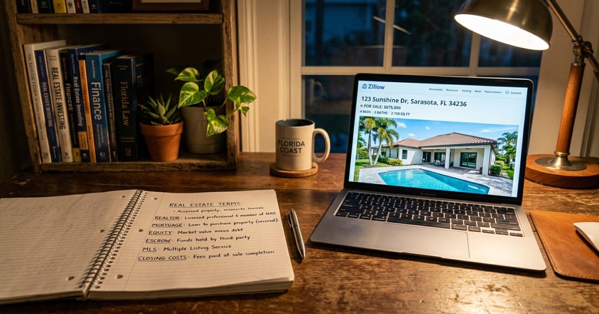 Caderno com anotações de termos imobiliários dos EUA — Realtor, Mortgage, Equity, Escrow, MLS, Closing Costs — ao lado de um notebook aberto exibindo um anúncio de imóvel à venda na Flórida
