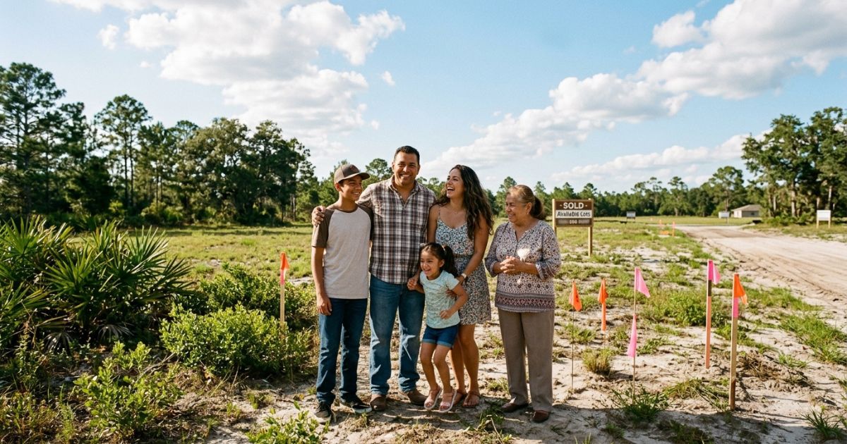 Família latina multigeracional sorrindo em terreno vago na Flórida com bandeiras de agrimensura e placa de SOLD ao fundo, comemorando a compra do primeiro terreno