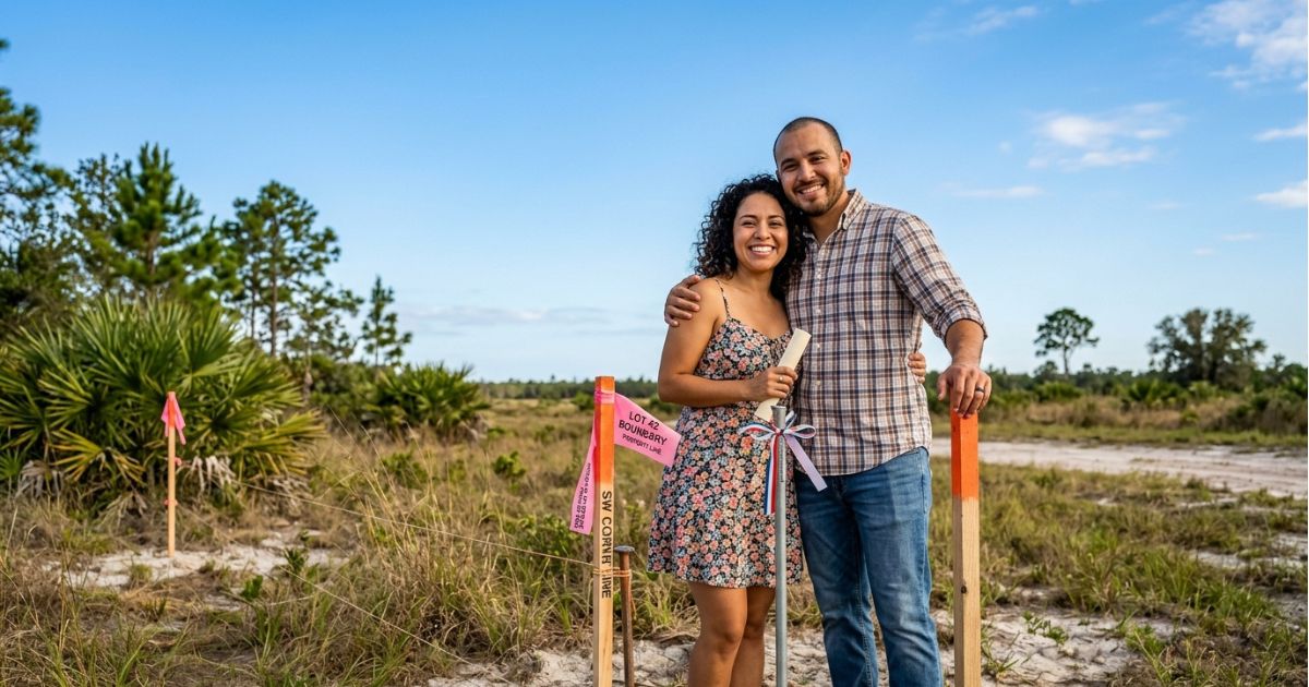 Hispanic family standing together on their own vacant land in Florida, holding purchase documents, representing the transition from renting to land ownership