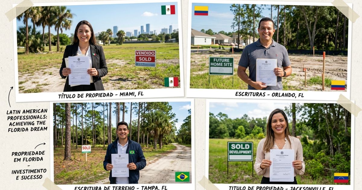 Grupo de famílias latinas comemorando a compra de terrenos vagos na Flórida que se valorizaram com o tempo, com placa de venda e documentos de investimento em primeiro plano