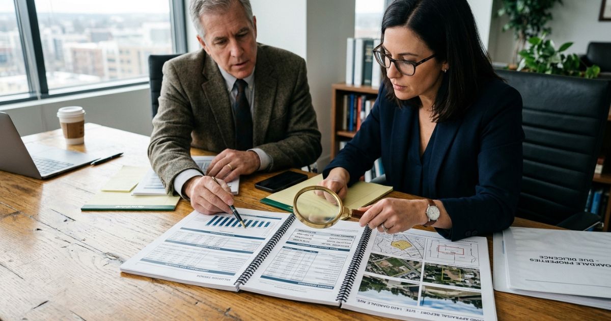 Real estate appraiser reviewing a site plan and map of a Florida land parcel to prepare an appraisal report