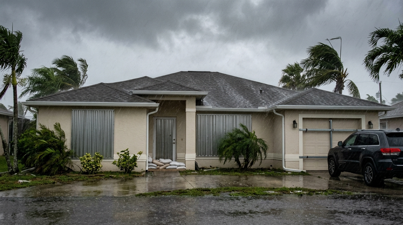 Florida home with hurricane shutters protecting windows before a major storm
