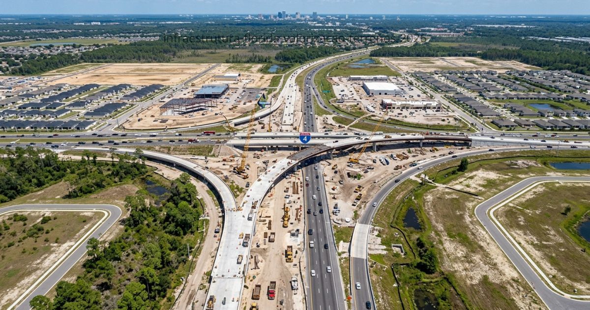Vista aérea de interseção da Interestadual 4 em construção na Flórida, cercada por novos bairros residenciais, centros comerciais e o horizonte de uma cidade ao fundo