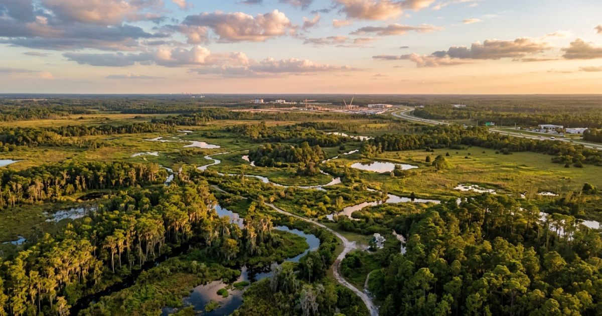 Expansive vacant land parcel in inland Florida with native vegetation and open sky, representing an early-stage land investment opportunity away from the coast