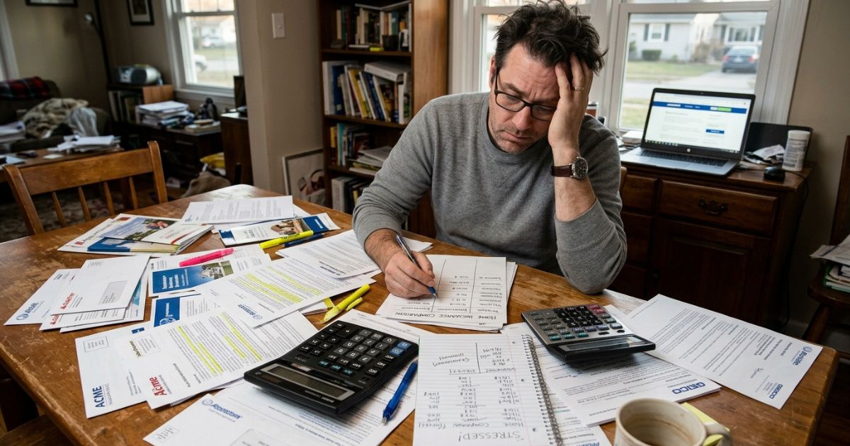 Stressed homeowner surrounded by insurance documents, calculators, and coverage comparison sheets — common insurance mistakes Florida homeowners make
