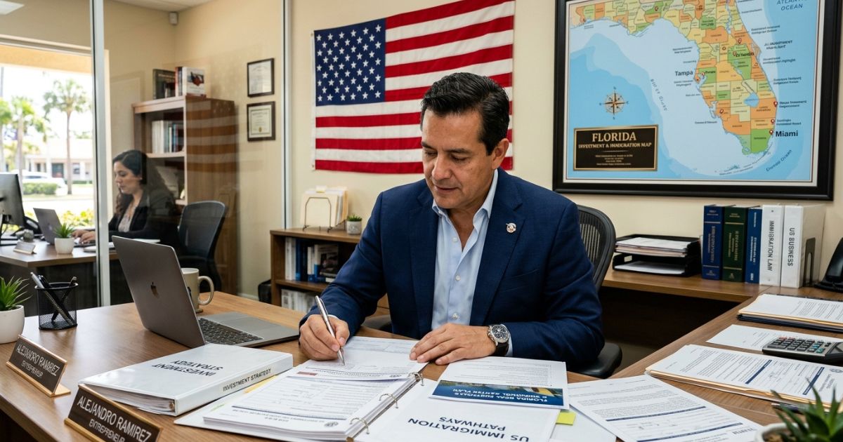 Investidor latino-americano assinando documentos de estratégia de investimento em escritório, com bandeira dos EUA, mapa de investimento e imigração da Flórida e pasta de US Immigration Pathways sobre a mesa