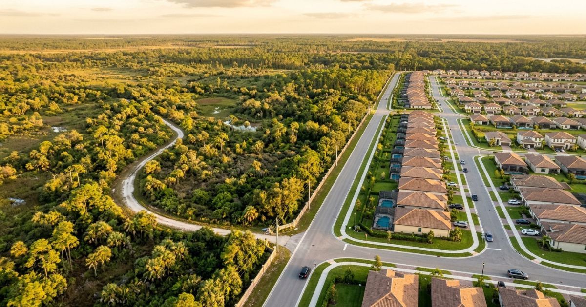 Terreno vago com horizonte aberto na Flórida ao entardecer — comparativo entre investir em terrenos e imóveis prontos com menor custo de manutenção e maior flexibilidade