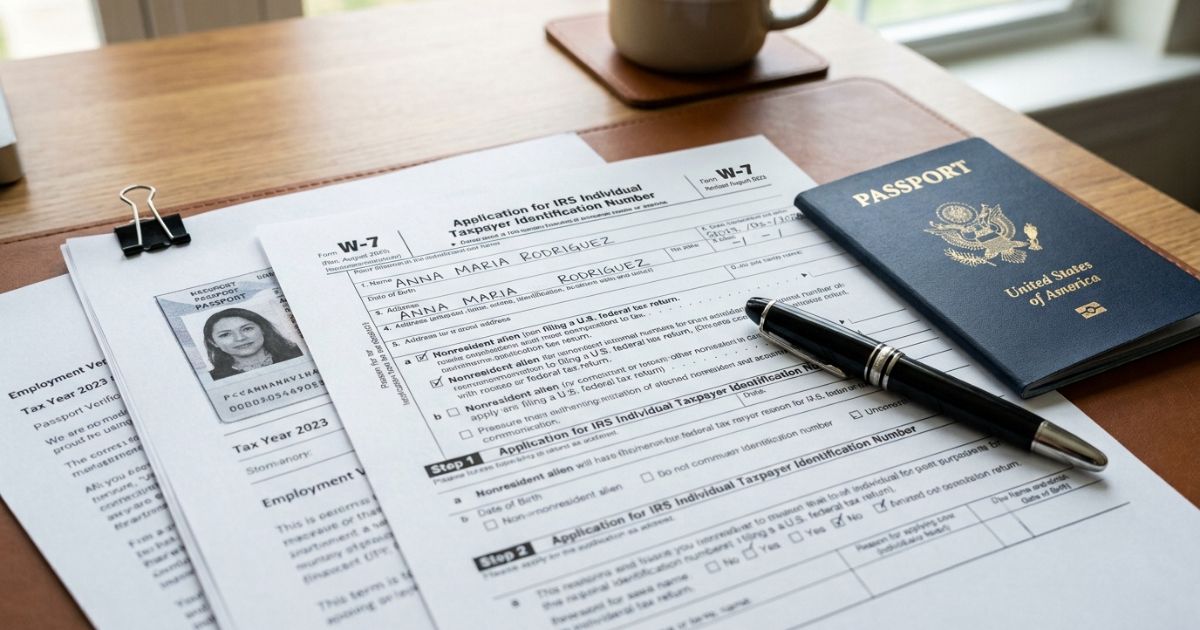 Formulário W-7 do IRS para solicitação de ITIN Number ao lado de passaporte estrangeiro e documentos de investimento imobiliário nos Estados Unidos