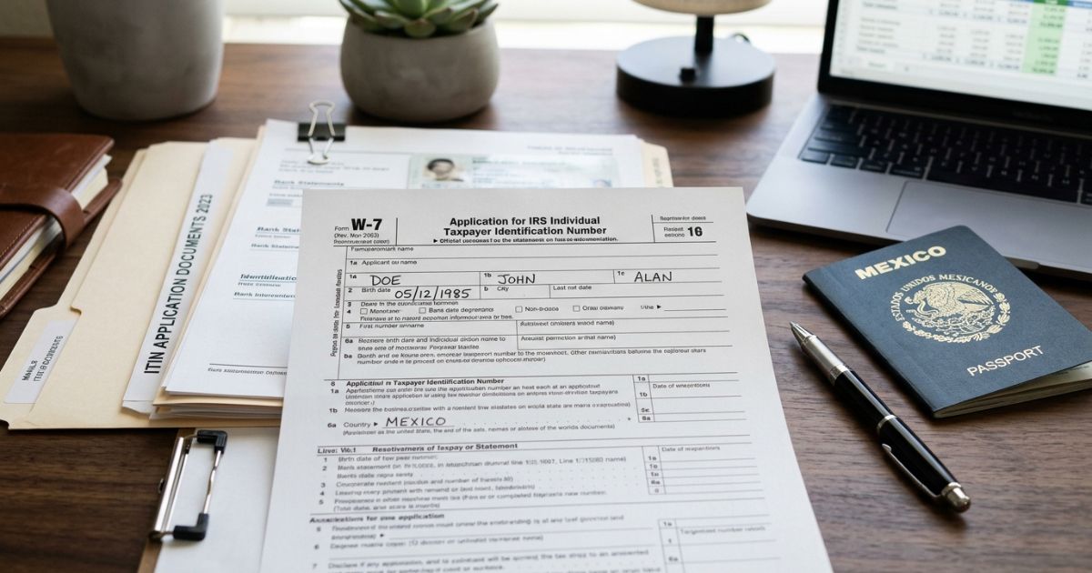 IRS Form W-7 for ITIN application next to a foreign passport and US real estate investment documents on a desk
