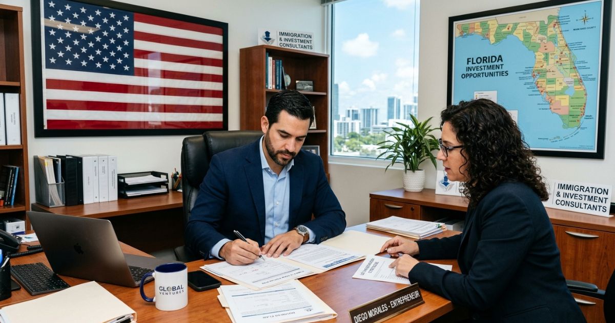 Investor signing immigration and investment paperwork with a consultant in a Miami office, next to a Florida Investment Opportunities map and an Immigration and Investment Consultants sign