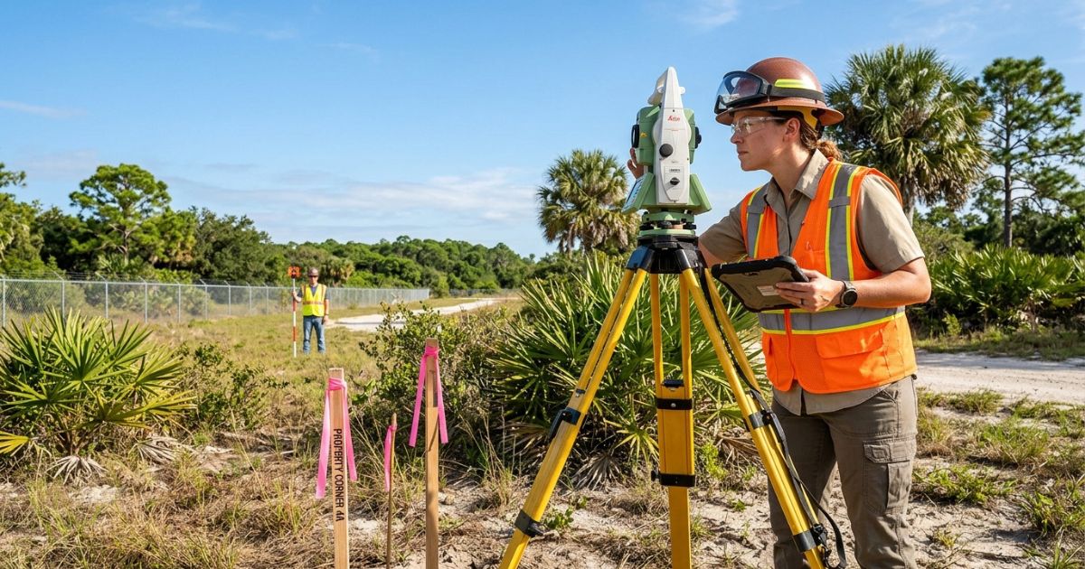 Licensed surveyor measuring property boundaries on a Florida vacant lot with surveying equipment — land survey before purchase