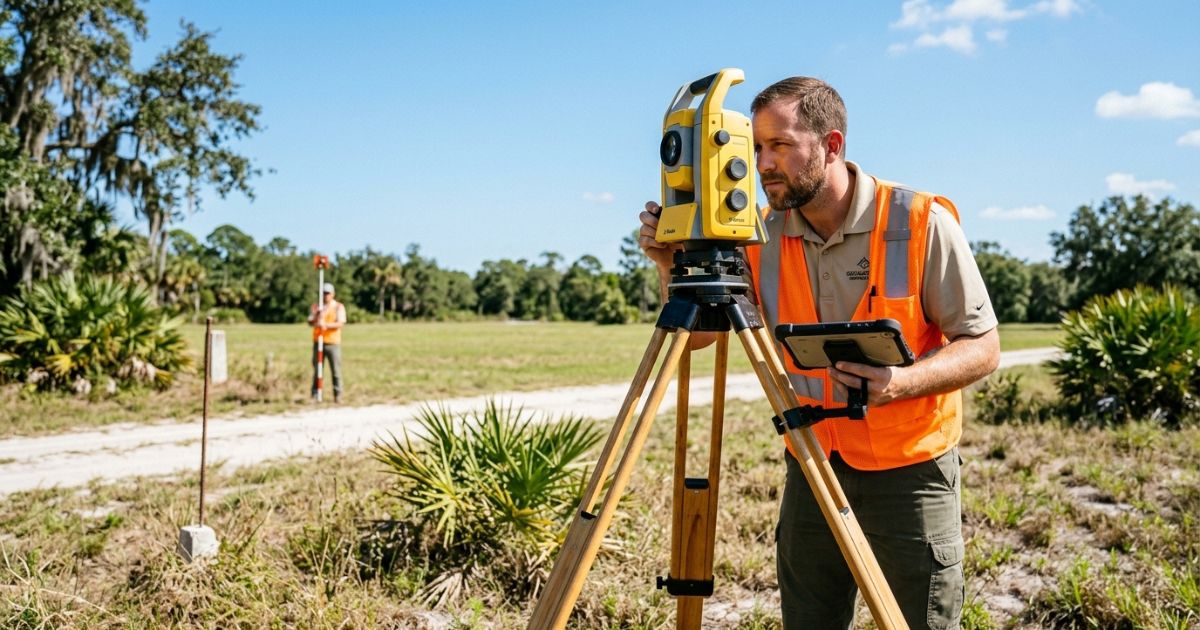 Profissional realizando land survey em terreno vazio na Flórida com equipamento de medição — delimitação de limites antes da compra
