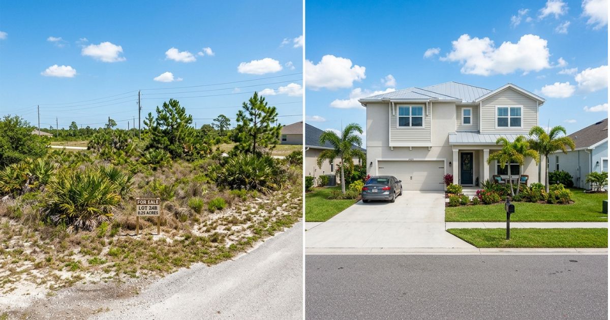 Side-by-side comparison of a vacant lot for sale and a ready-built home for sale in Florida, illustrating two 'For Sale' signs representing different speeds of return on investment