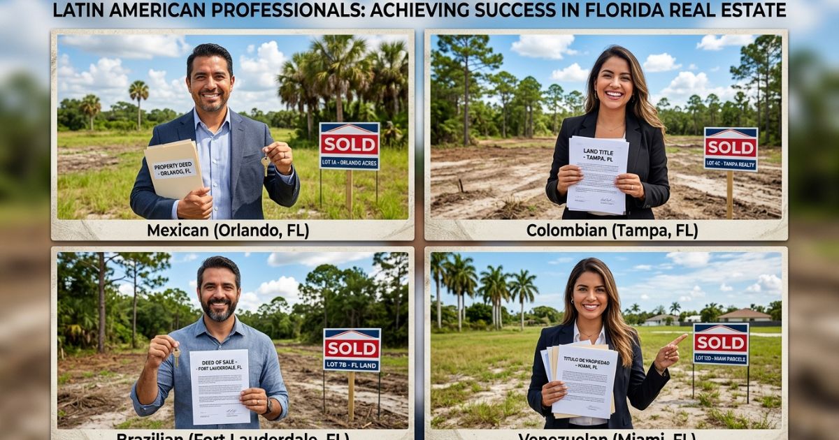 Latin American families celebrating the purchase of vacant land parcels in Florida that appreciated over time, with a sold sign and investment documents in the foreground