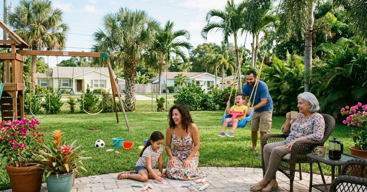 Multigenerational family laughing together in a Florida backyard with a swing set, palm trees, and single-family homes in the background, a grandmother sipping coffee while a father pushes his son on a swing