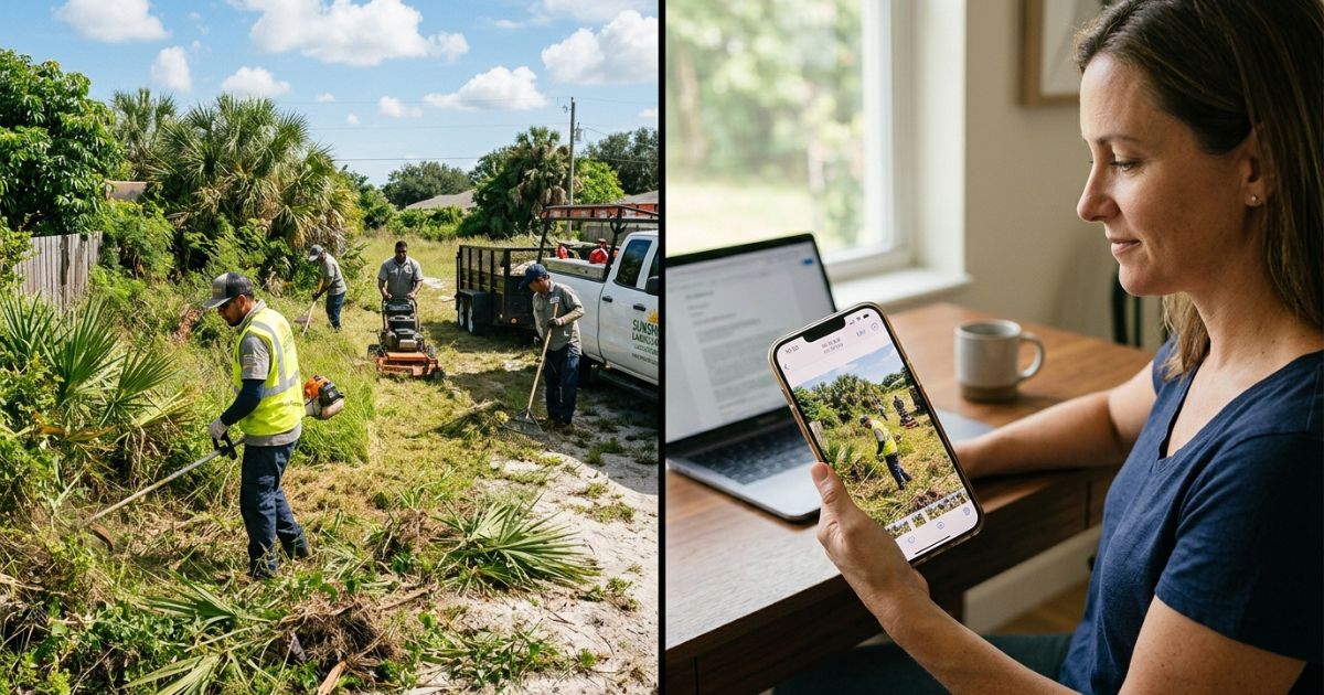 Terreno vago e gramado na Flórida visto de cima, representando a manutenção remota e a conformidade com o código municipal de propriedades sem construção