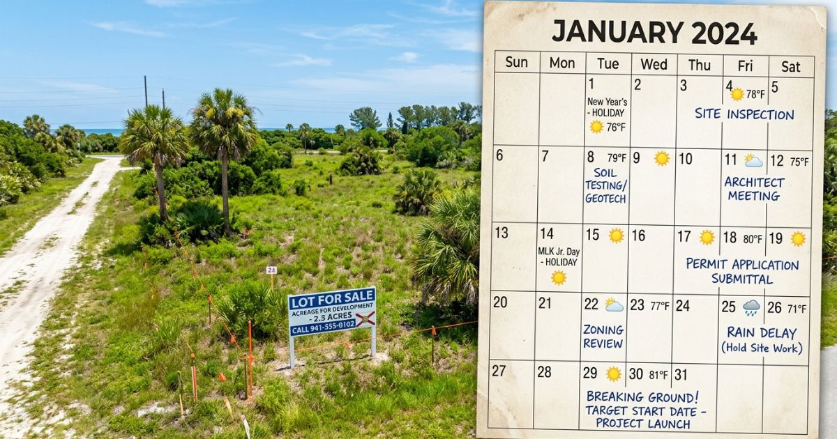 Terreno vazio à venda na Flórida sobreposto a um calendário de janeiro mostrando etapas do processo de compra, como vistoria do local, teste de solo e revisão de zoneamento