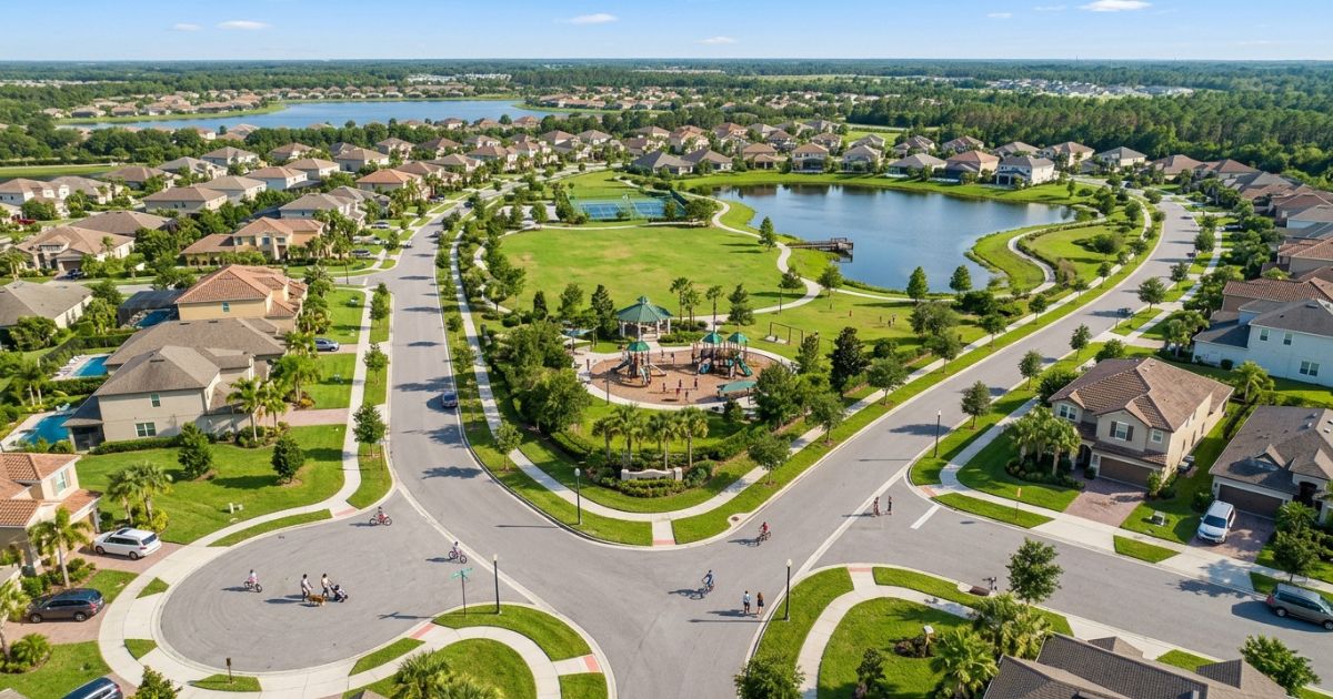 Família latina caminhando por bairro residencial arborizado da Flórida com bandeiras e comércio local latino ao fundo, representando comunidade latina estabelecida em 2026