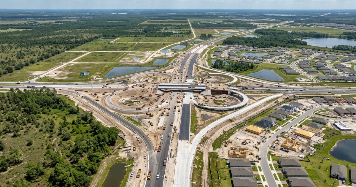 Vista aérea de um novo trevo rodoviário em construção na Flórida, com bairros residenciais recém-construídos de um lado e terrenos ainda vazios do outro