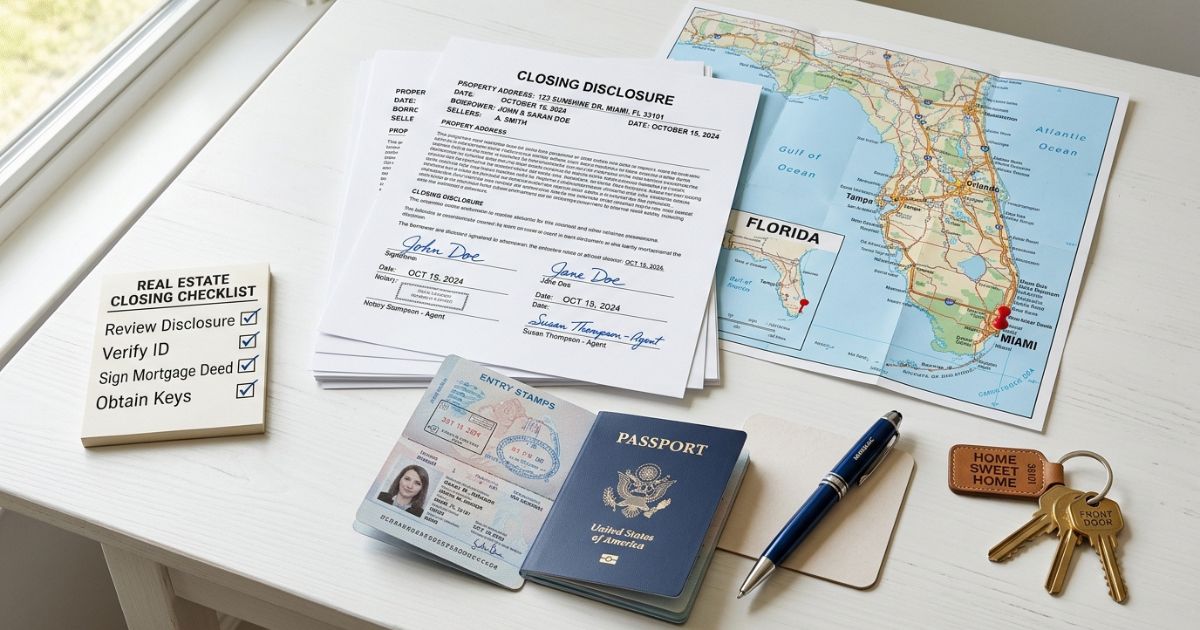 Brasileiro revisando documentos e planta de terreno na Flórida — guia passo a passo do processo de compra em 2026