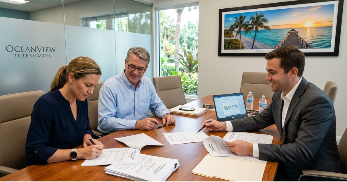 Documentos do processo de closing em compra de imóvel na Flórida organizados sobre mesa em title company
