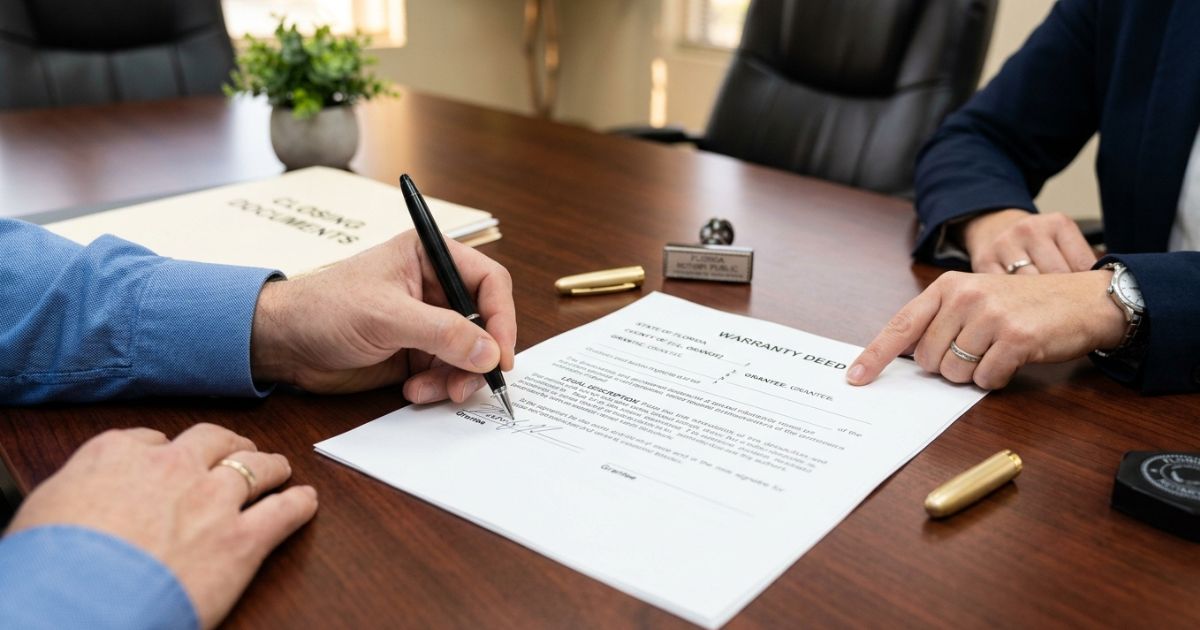 Property deed document being reviewed by a foreign buyer for Florida real estate — legal transfer documentation and title records for international property purchase