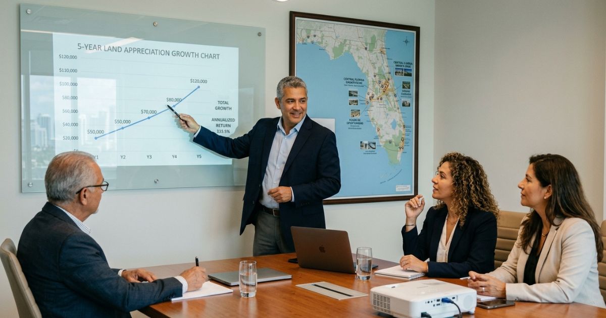 Gráfico de linha mostrando crescimento de valor de terreno na Flórida ao longo de 5 anos, representando retorno sobre investimento em terrenos vagos em condados de crescimento acelerado
