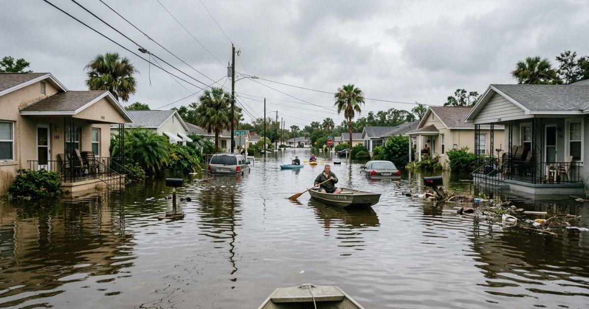 Rua residencial na Flórida inundada após chuvas intensas, com carros parcialmente submersos e casas ao fundo