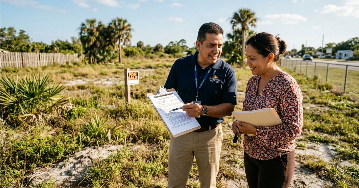 Corretor de seguros e compradora latina conversando em pé sobre um terreno vazio na Flórida, revisando documentos com placa de venda ao fundo