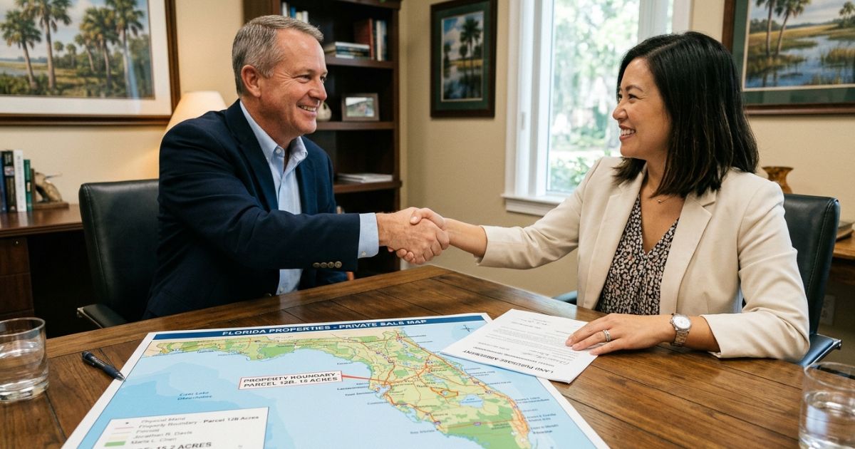 Buyer signing a seller financing contract to purchase land in Florida, with pen, agreement, and parcel map on the table