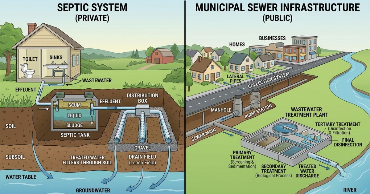 Sistema de septic tank instalado em terreno residencial na Flórida com tampa de acesso visível — diferença entre septic e sewer antes de comprar