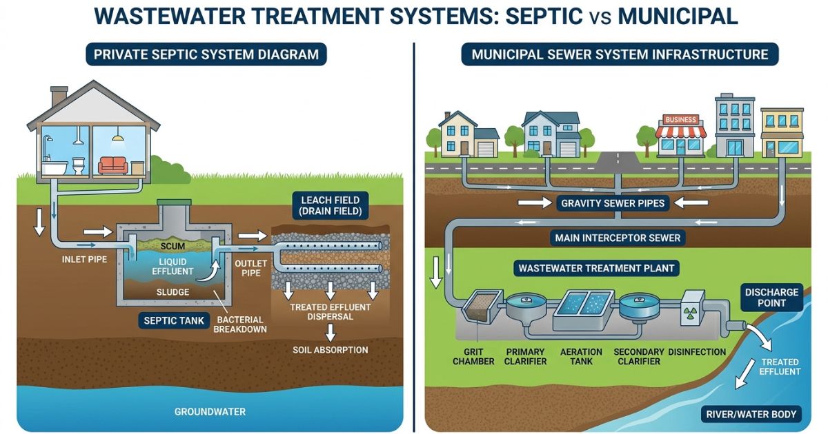 Diagram comparing private septic tank system and municipal sewer connection on a Florida residential lot — what land buyers must check before purchase