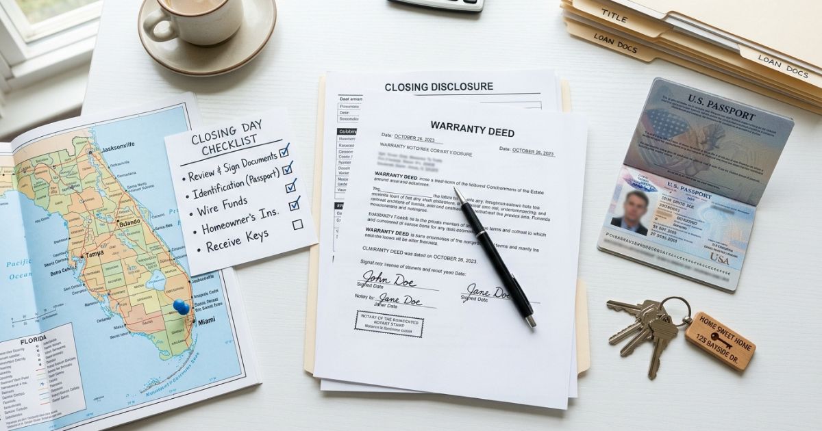 Foreign buyer reviewing Florida land documents and county zoning maps — step-by-step guide to purchasing vacant land as a non-US citizen in 2026