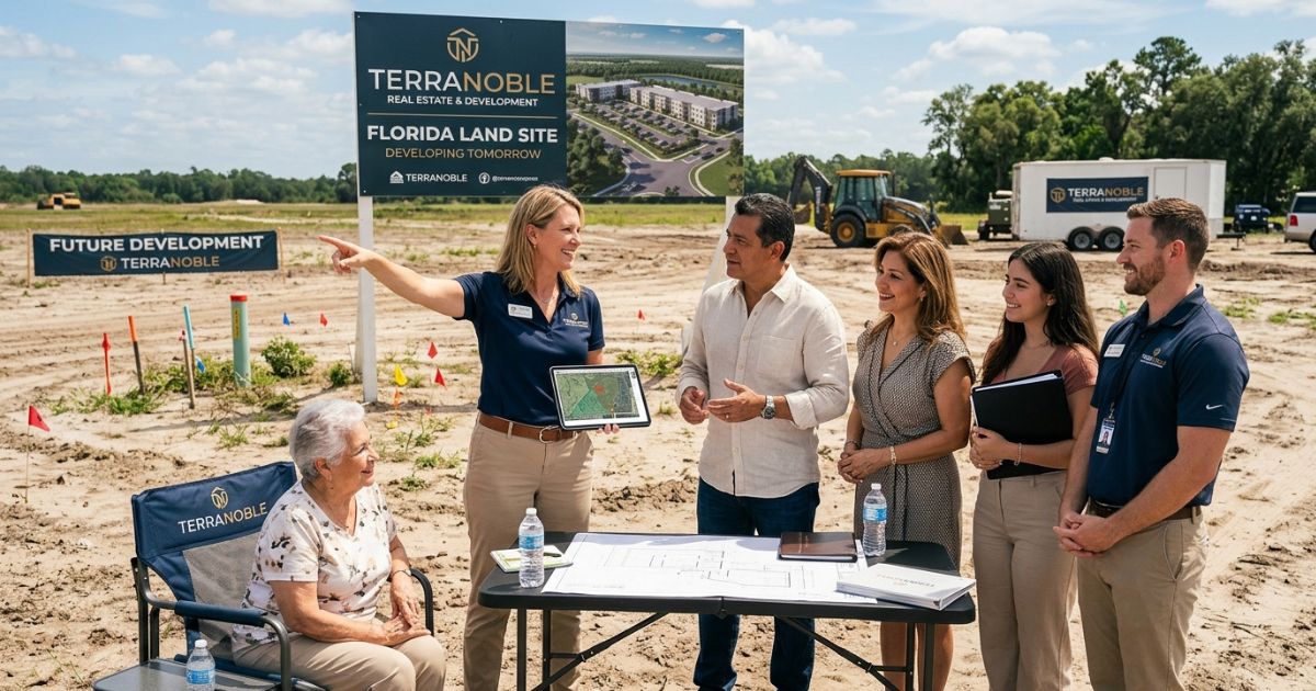 Consultor da TerraNoble mostrando mapa e documentos de um terreno na Flórida para um casal latino durante um atendimento bilíngue