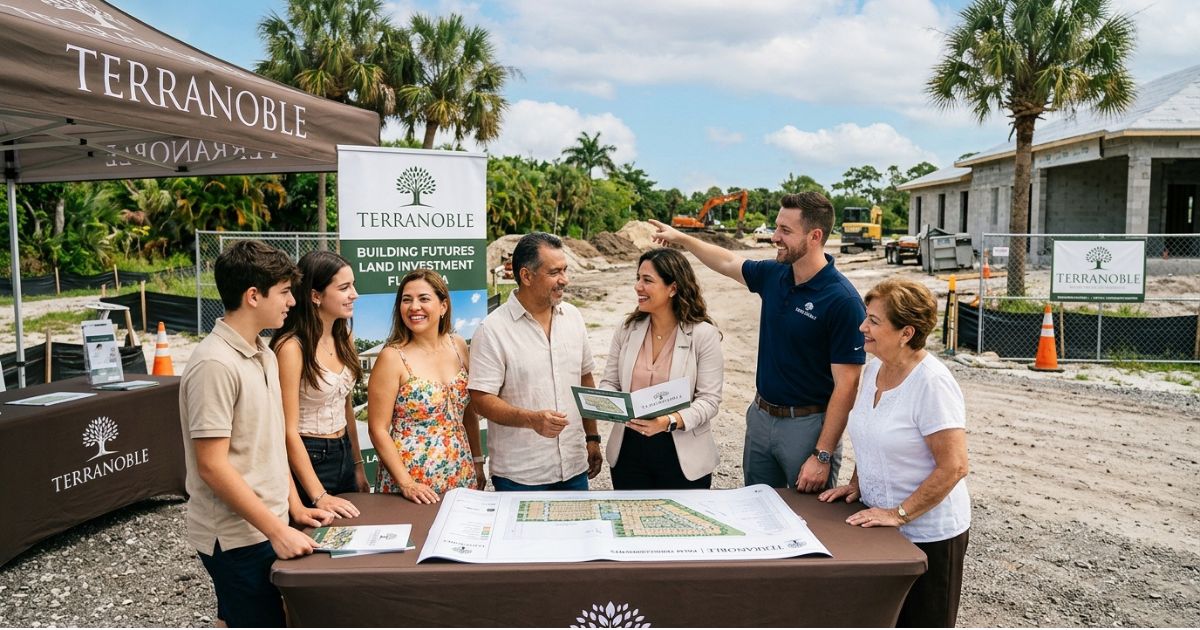 TerraNoble advisor showing a map and property documents to a Latin American couple during a bilingual consultation about buying land in Florida