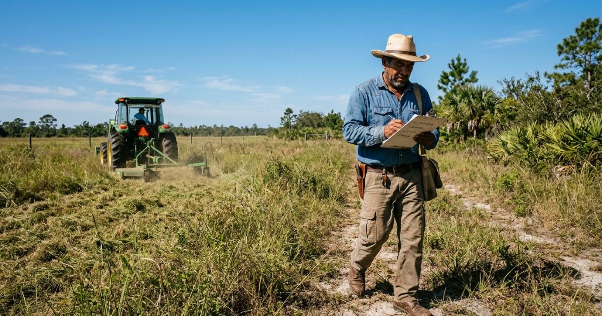 Terreno vazio na Flórida cercado por vegetação, com placa de identificação de propriedade e área demarcada após a compra