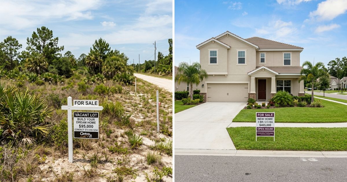 Comparação lado a lado entre um terreno vago à venda e uma casa pronta à venda na Flórida, ilustrando duas placas de 'For Sale' representando diferentes velocidades de retorno sobre investimento