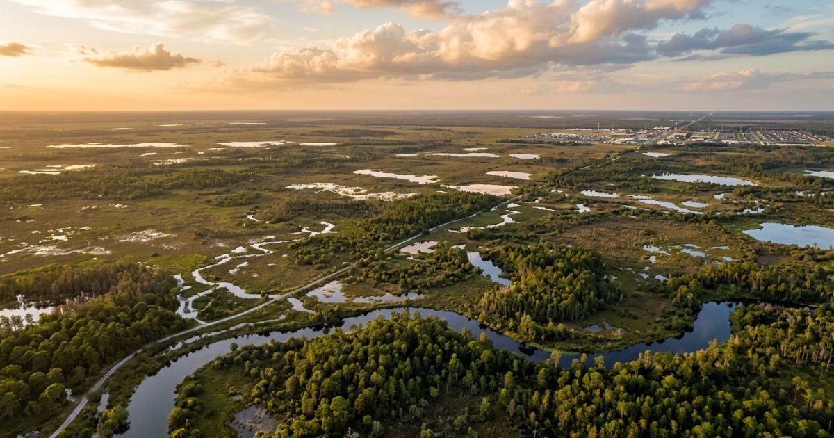 Terrenos vagos no interior da Flórida com vegetação nativa e horizonte aberto, representando oportunidades de investimento imobiliário fora do litoral