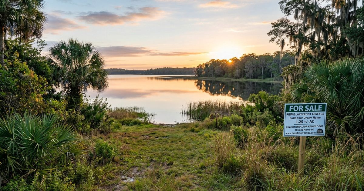 Terreno beira-lago na Flórida com vegetação nativa às margens da água ao entardecer, representando investimento em lote waterfront premium no estado