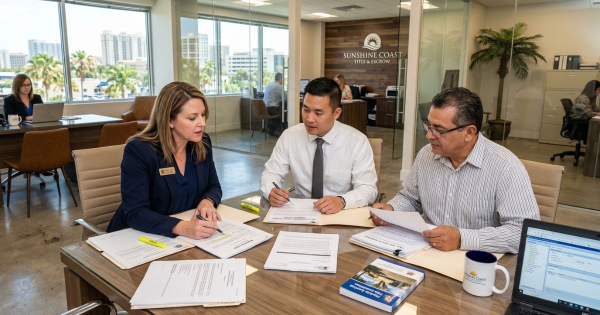 Profissional de title company revisando documentação de compra de terreno na Flórida — escritura, contrato e seguro de título sobre a mesa