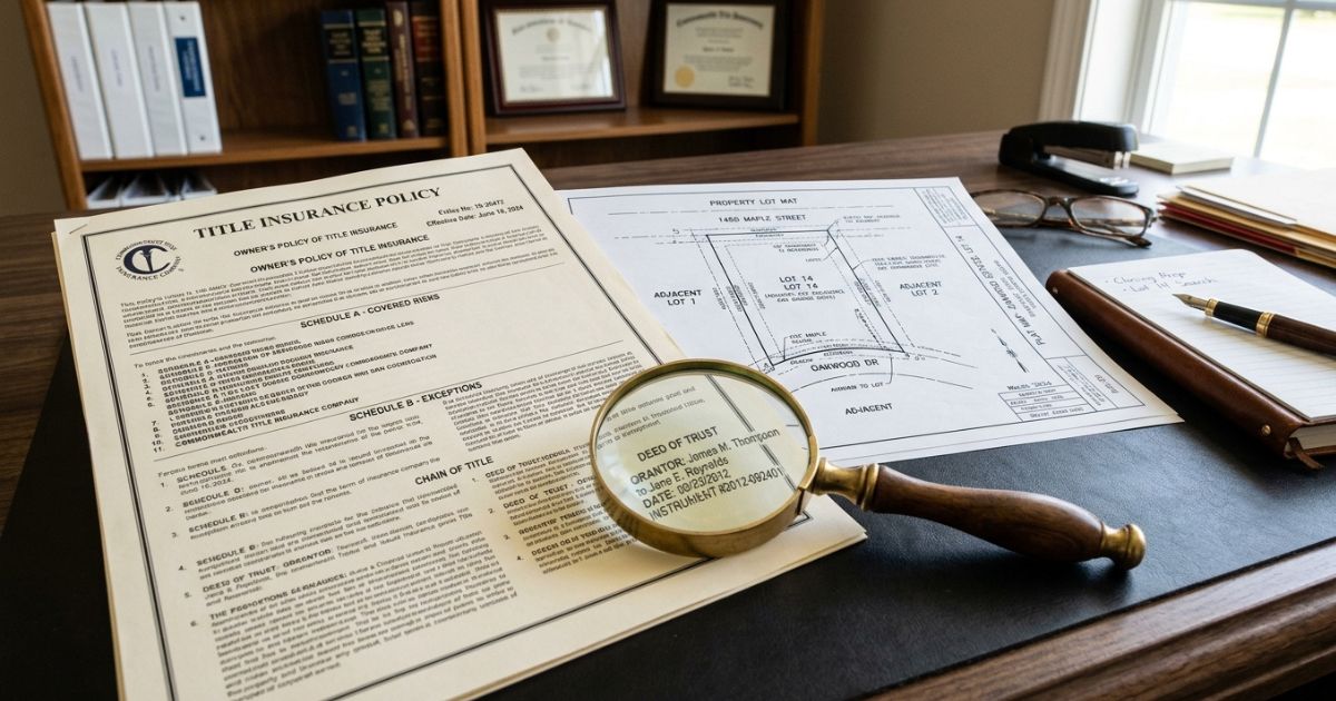 Apólice de title insurance sobre mesa com escritura de imóvel e caneta — documentos de seguro de título na Flórida durante processo de closing