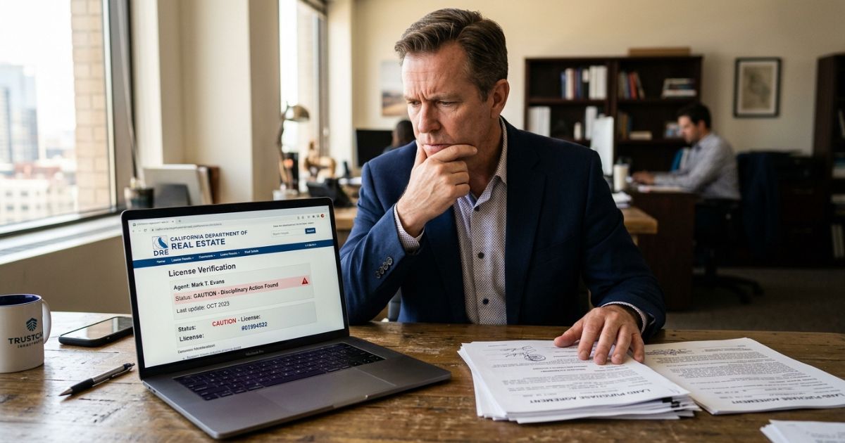 Buyer reviewing a real estate license verification page on a laptop showing a 'Caution - Disciplinary Action Found' status, next to a stack of land purchase agreement documents