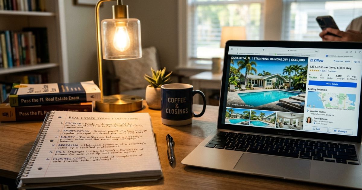 Notebook with a handwritten list of US real estate terms — Escrow, Amortization, Equity, Appraisal, MLS, Closing Costs — next to a laptop displaying a Florida property listing on Zillow