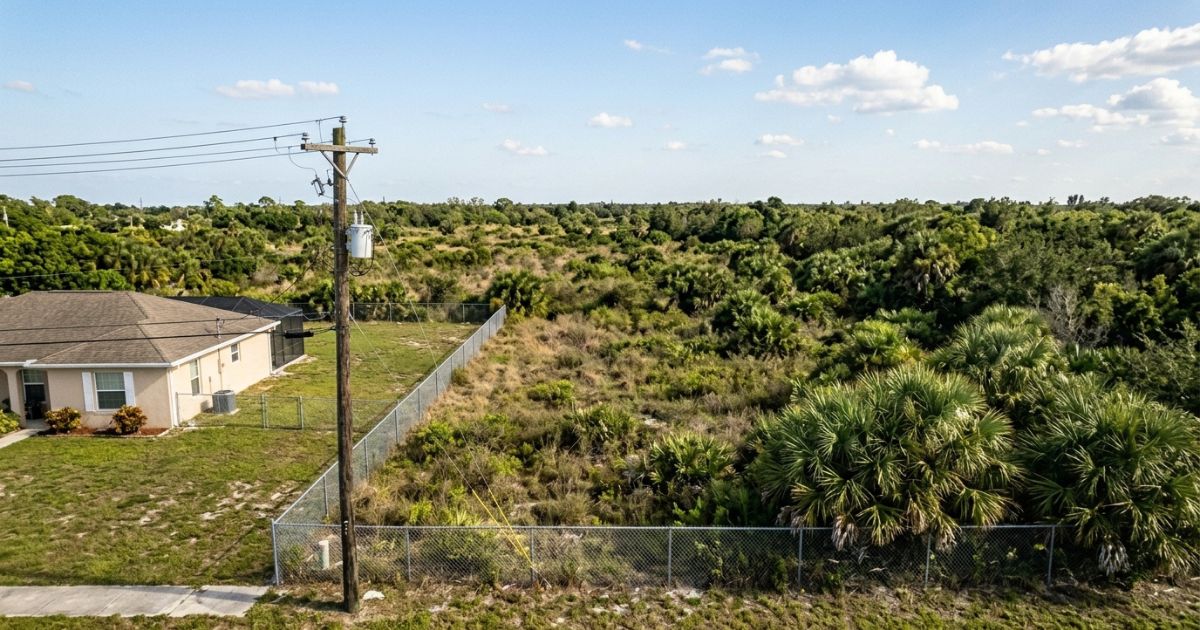 Utility poles and electrical lines running along a residential road near a Florida land parcel — access to electricity, water, sewer, and internet directly shapes land value and development feasibility