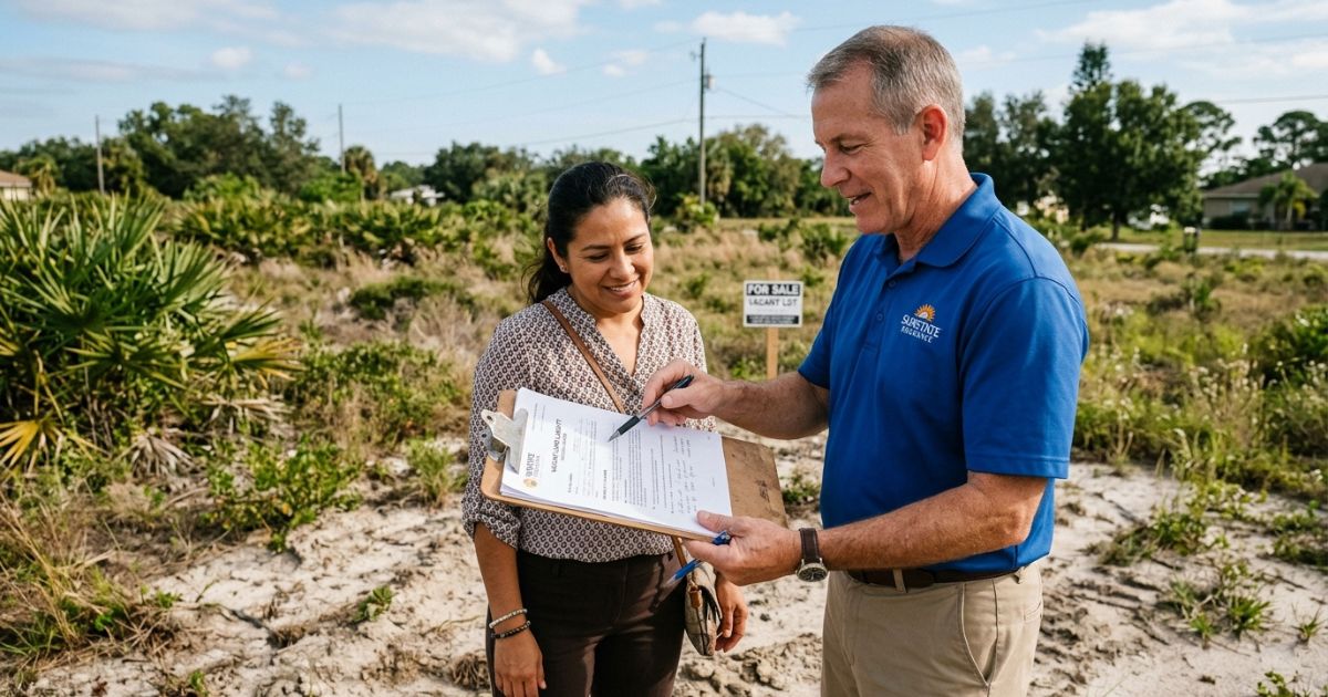 Insurance agent in a blue polo shirt reviewing a vacant land liability policy with a client on an empty lot in Florida, with a For Sale sign in the background