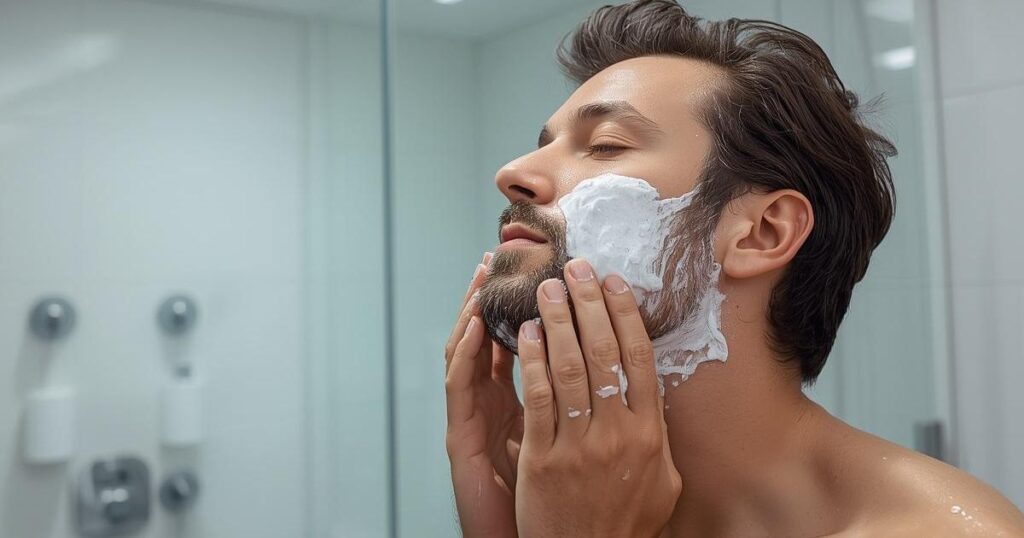Man applying beard wash down to the skin -- correct beard washing technique for men